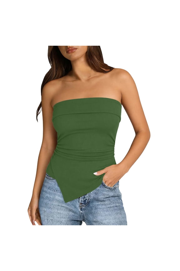 Summer Tops for Women Ribbed Sleeveless Off Shoulder Tube Shirts Asymmetrical Hemline Ruched Slim Fit Crop Blouses for Vacation Beach Travel Olive Green
