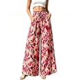 thumbnail image 1 of TEAJOPSUU Summer Tropical Floral Wide Leg Pants for Women Flowy High Waisted Elastic Drawstring Palazzo Pants Loose Fit Beach Pants with Pockets A-Red, 1 of 5