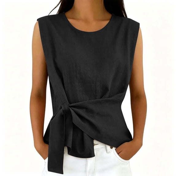 TEAJOPSUU Tank Tops for Women Round Neck Sleeveless Summer Shirts Cotton Linen Blend Tie Front Solid Color Tank Tops Loose Fit Casual Blouses Black