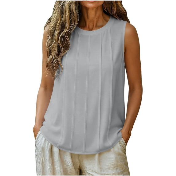 TEAJOPSUU Tank Tops for Womens Trendy Sleeveless Crew Neck Shirts Casual Pleated Striped Solid Color Blouses for Summer Daily Gray