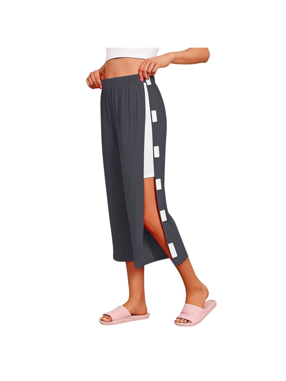 Tear Away Pants for Women Side Slit Snap Sweatpants Loose Fit Casual Adaptive Post Surgery Pants with Pockets B-Dark Gray