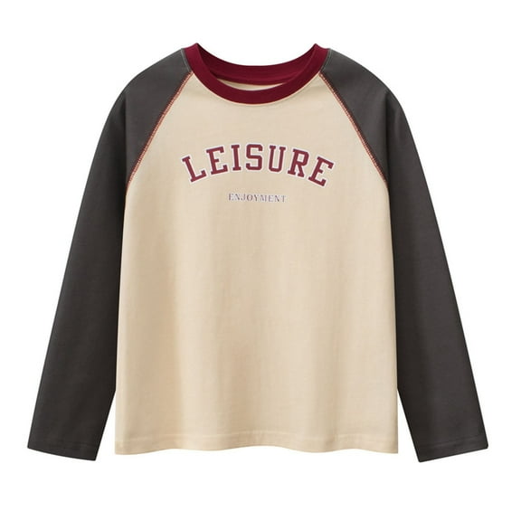 TEAJOPSUU Teen Little Boys Graphic Raglan T-Shirt Comfy Long Sleeve Basic Crewneck Tee Shirt Cute Letter Print Pullover Tops for Kids 5-15 Years Beige