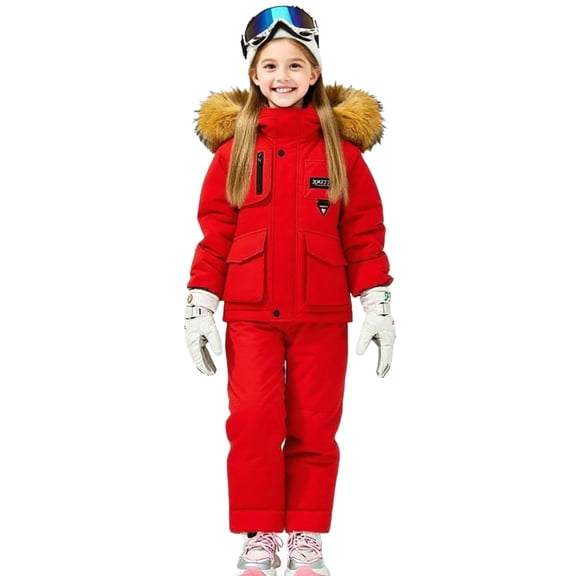 TEAJOPSUU Toddler Baby Boys Girls Snow Suits Thick Faux Fur Hooded Down Jacket & Ski Bib Pants Set Kids Skisuit Set Winter Windproof Waterproof Clothes 1Y-6Y D-Red