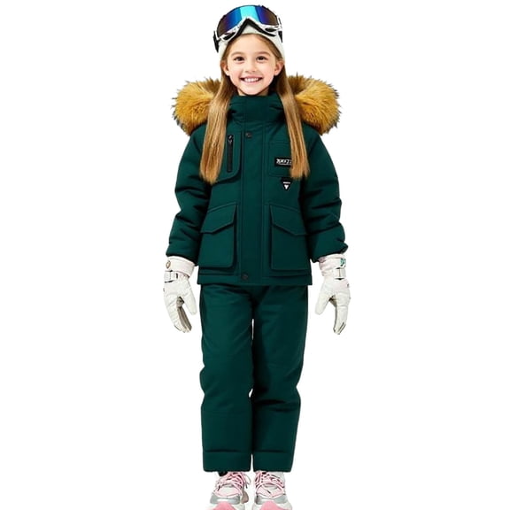 TEAJOPSUU Toddler Baby Boys Girls Snow Suits Thick Faux Fur Hooded Down Jacket & Ski Bib Pants Set Kids Skisuit Set Winter Windproof Waterproof Clothes 1Y-6Y D-Green