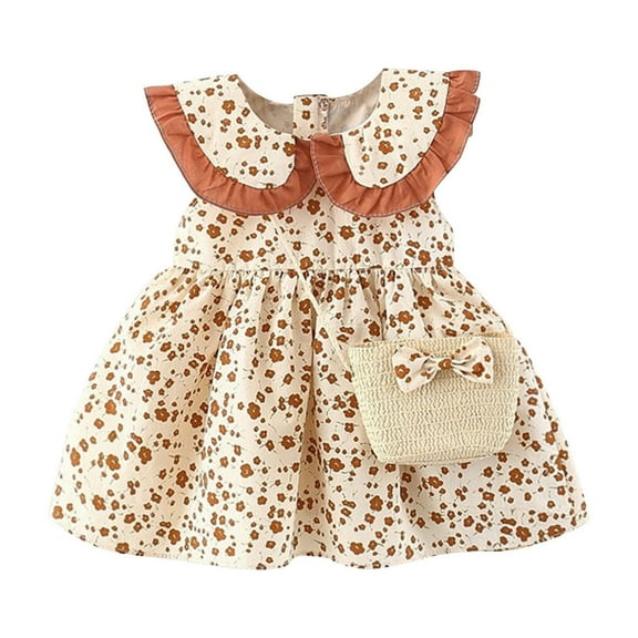 TEAJOPSUU Toddler Baby Girl Dresses Summer Sweet Clothes Flower Print Short Sleeve Ruffle Hem Sundress with Bag 2 Piece Girls Outfit Brown