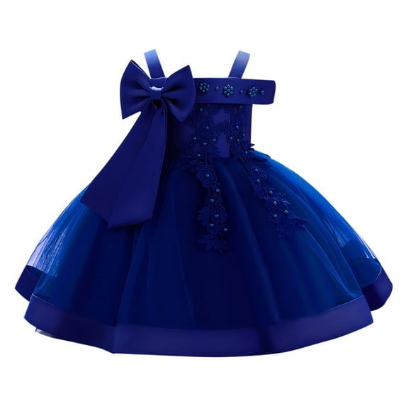 TEAJOPSUU Toddler Baby Girls Christening Dress Sleeveless Suspender Applique Flower Tulle Dress Princess Wedding Birthday Tutu Gown Dark Blue