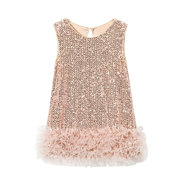 TEAJOPSUU Toddler Baby Girls Sequin Dress Short Sleeve Sparkly Party Dresses Layered Tulle Tutu Dress Summer Princess Sundress for Kids 2-8Y B-Beige