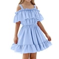thumbnail image 1 of TEAJOPSUU Toddler Baby Girls Summer Dress Off The Shoulder A-Line Ruffle Hem Smoked Birthday Dresses Little Girls Elegant Casual Party Princess Dress Blue, 1 of 5