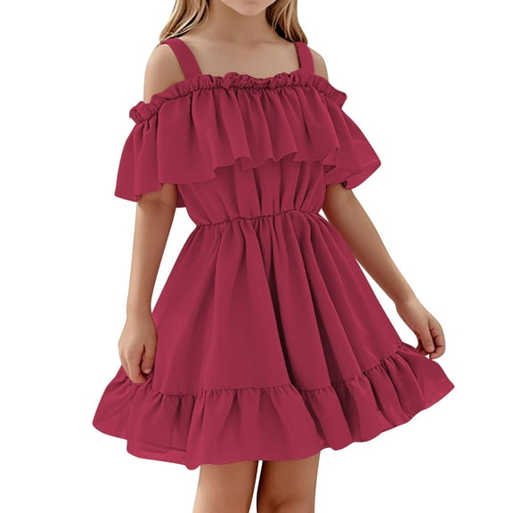 TEAJOPSUU Toddler Baby Girls Summer Dress Off The Shoulder A-Line Ruffle Hem Smoked Birthday Dresses Little Girls Elegant Casual Party Princess Dress Red