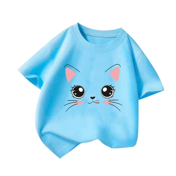 TEAJOPSUU Toddler Baby Tween Girls Graphic Tops Summer Round Neck Short Sleeve T-Shirt Casual Cute Kitten Printed Tee Shirt Sizes 2-14Y & Plus A-Blue