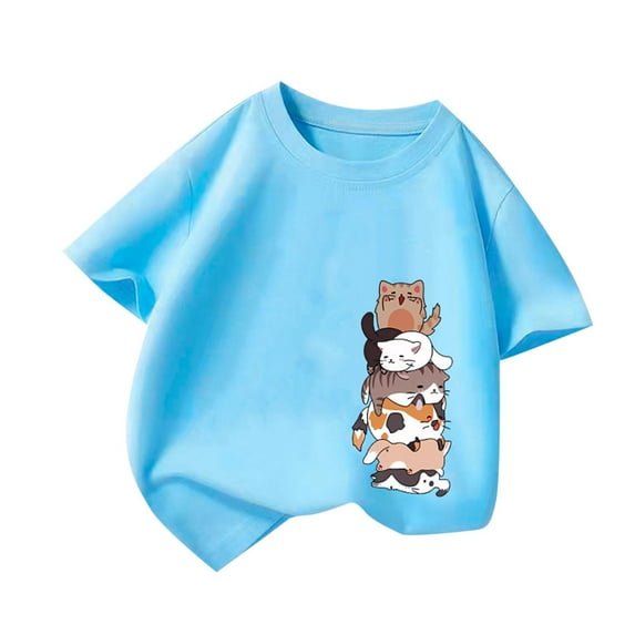 TEAJOPSUU Toddler Baby Tween Girls Graphic Tops Summer Round Neck Short Sleeve T-Shirt Casual Cute Kitten Printed Tee Shirt Sizes 2-14Y & Plus C-Blue