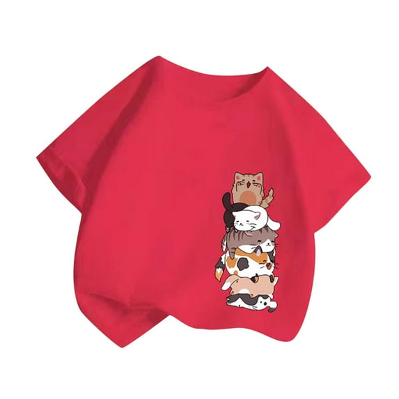 TEAJOPSUU Toddler Baby Tween Girls Graphic Tops Summer Round Neck Short Sleeve T-Shirt Casual Cute Kitten Printed Tee Shirt Sizes 2-14Y & Plus C-Hot Pink