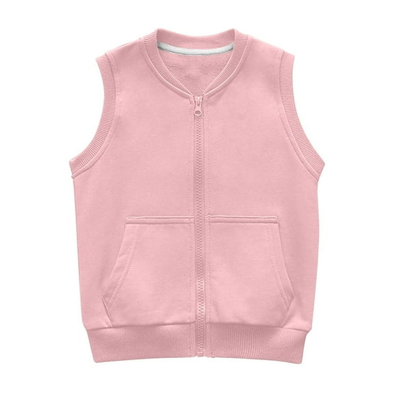 TEAJOPSUU Toddler Boys' Girls' Sleeveless Jacket Children Solid Color Cotton Warm Vest Full Zipper Round Neck Ribbed Cuff Waistcoat Tops 3-12 Years Pink