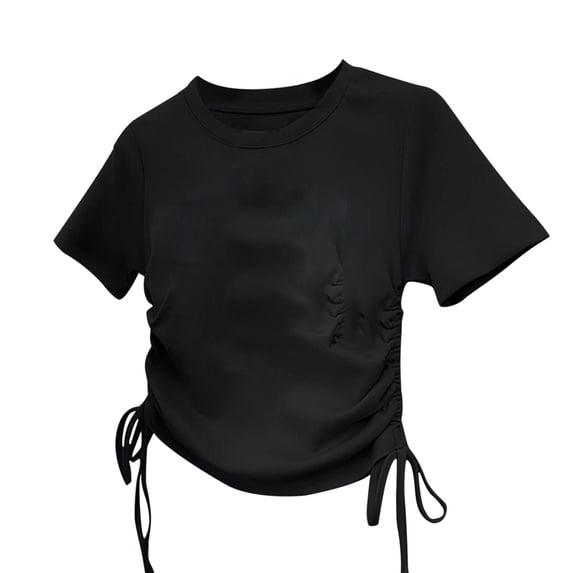 TEAJOPSUU Toddler Tween Girls Summer T Shirt Short Sleeved Solid Color Cute Tops with Side Waist Drawstrings 4-14 Years Black01
