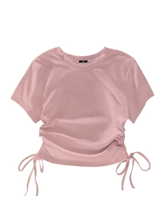 Toddler Tween Girls Summer T Shirt Short Sleeved Solid Color Cute Tops with Side Waist Drawstrings 4-14 Years Pink