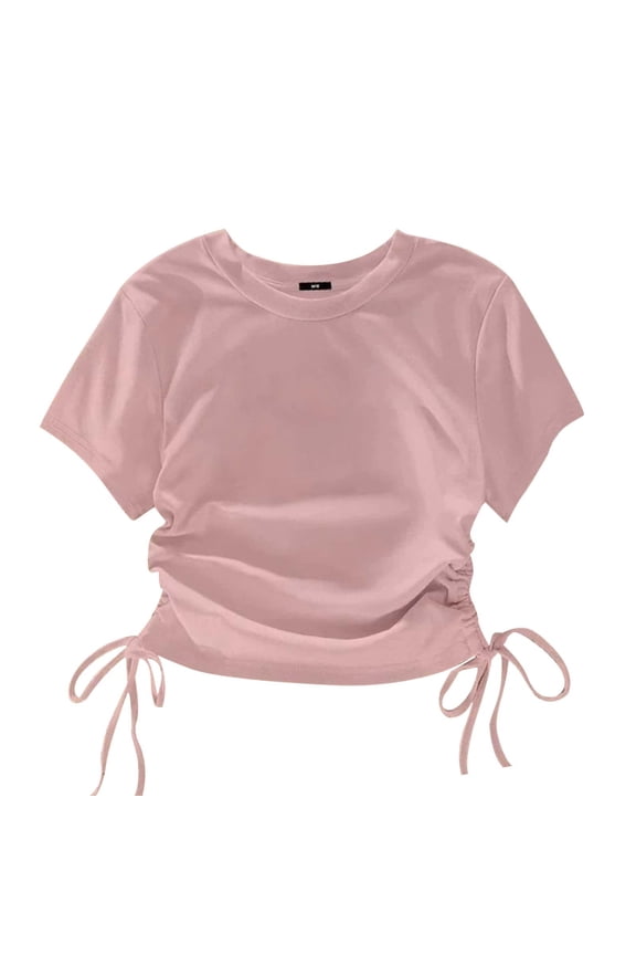 Toddler Tween Girls Summer T Shirt Short Sleeved Solid Color Cute Tops with Side Waist Drawstrings 4-14 Years Pink