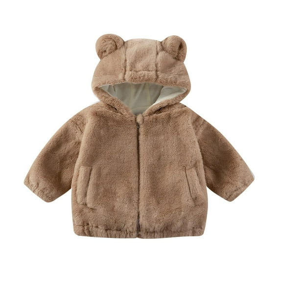 TEAJOPSUU Unisex Fleece Jacket Boys Girls Bear Ear Hooded Overcoat Winter Cozy Sherpa Lined Jackets Cute Fuzzy Zip Up Outerwear Fashion Warm Clothes B-Khaki