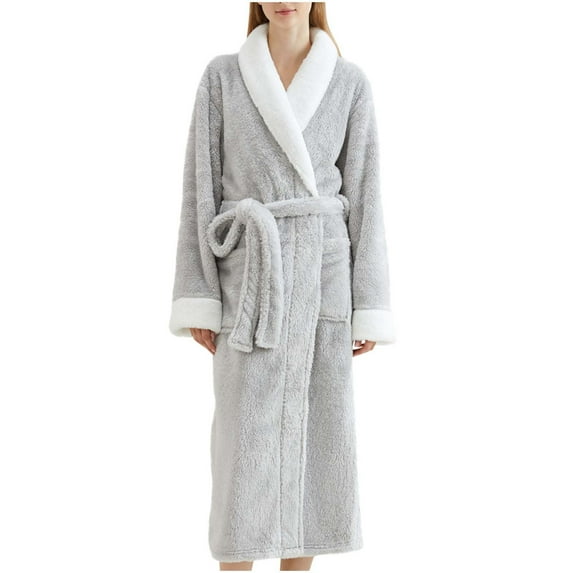 TEAJOPSUU Unisex Solid Plush Robes Shawl Collar Thickened Flannel Bathrobe with Pockets and Belt Thickened Long Nightgown Gray