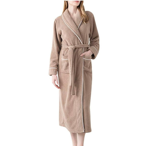 TEAJOPSUU Unisex Solid Velvet Robes Heavyweight Shawl Collar Long Bathrobe with Pocket Sherpa Shaggy Spa Robe for Women Men Khaki