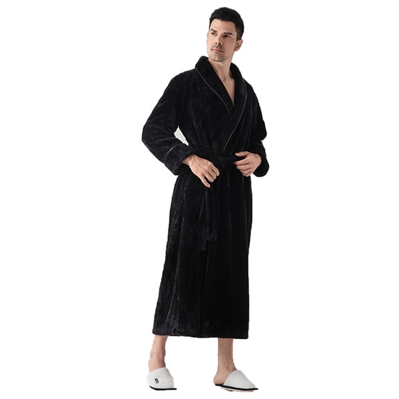 ZQUUVOU Unisex Winter Waffle Robes Plush Fleece Thickened Bathrobes Shawl Collar Winter Warm Nightgown Couple Bathrobe Black B