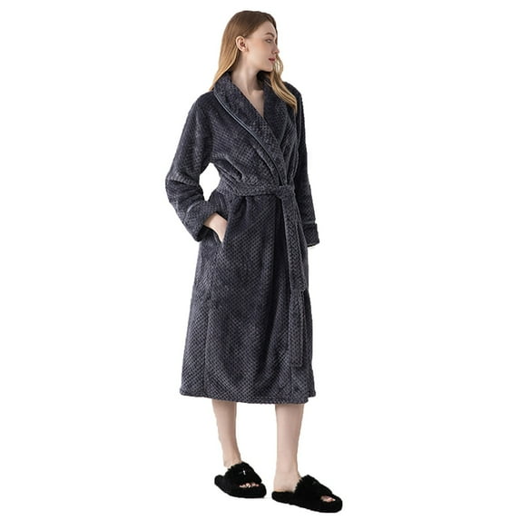 ZQUUVOU Unisex Winter Waffle Robes Plush Fleece Thickened Bathrobes Shawl Collar Winter Warm Nightgown Couple Bathrobe Gray A
