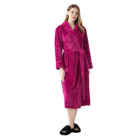 ZQUUVOU Unisex Winter Waffle Robes Plush Fleece Thickened Bathrobes Shawl Collar Winter Warm Nightgown Couple Bathrobe Hot Pink