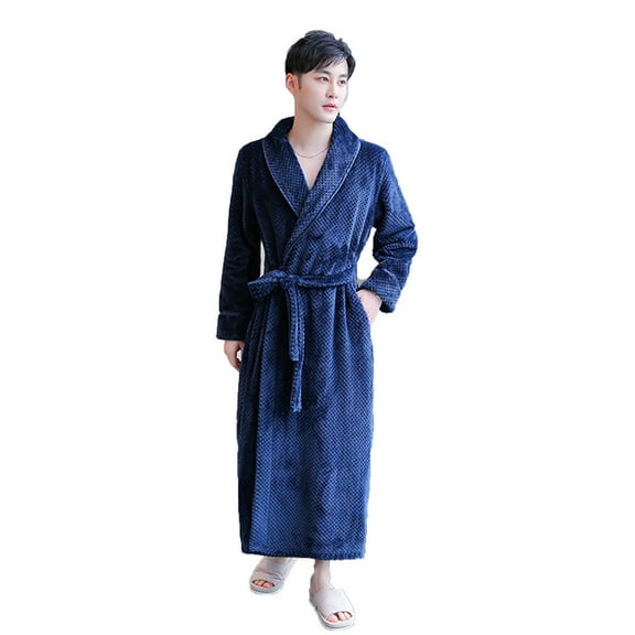 ZQUUVOU Unisex Winter Waffle Robes Plush Fleece Thickened Bathrobes Shawl Collar Winter Warm Nightgown Couple Bathrobe Navy B