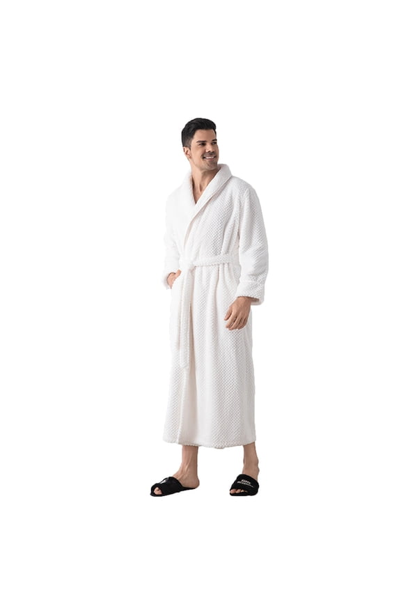 Unisex Winter Waffle Robes Plush Fleece Thickened Bathrobes Shawl Collar Winter Warm Nightgown Couple Bathrobe White B