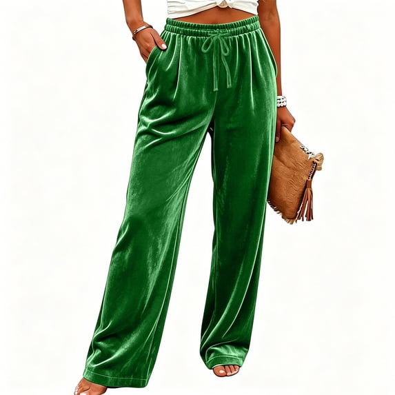 TEAJOPSUU Velour Pants for Women Winter Loungewear Palazzo Pants Velour Drawstring Wide Leg Sweatpants with Pockets Green