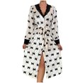 thumbnail image 1 of TEAJOPSUU Velvet Bathrobes for Women Long Sleeve Lace Bow Printed V Neck Soft Fuzzy Casual Homewear Loose Robes White, 1 of 9