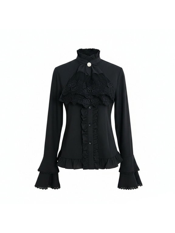 Victorian Blouses for Women Gothic Shirts Vintage Stand Collar Long Sleeve Lotus Ruffle Tops Black