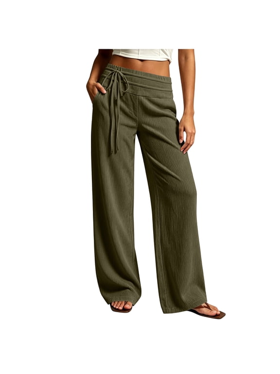 Wide Leg Pants for Women Comfy Corduroy Drawstring Elastic Waist Palazzo Trousers with Pockets Casual Daily Vacation Pants Olive Green