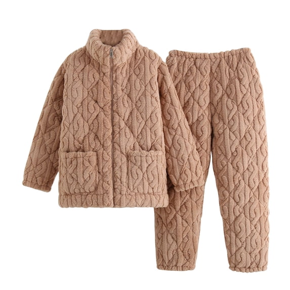 TEAJOPSUU Winter Warm Pajamas Set for Women Long Sleeved Pants Thick Thermal Sleepwear Set Full Zip Sleepwear Loungewear Coffee