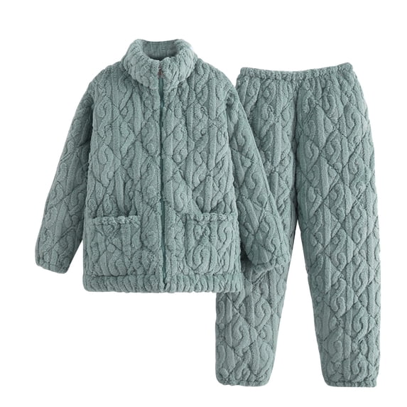 TEAJOPSUU Winter Warm Pajamas Set for Women Long Sleeved Pants Thick Thermal Sleepwear Set Full Zip Sleepwear Loungewear Light Blue