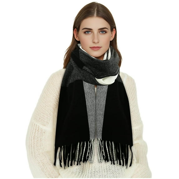 TEAJOPSUU Winter Warm Scarf for Women Soft Faux Wool Tassel Scarf Fashion Thermal Warps Colorful Long Shawl Large Scarves B-Black