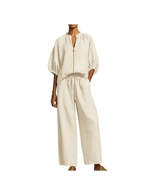 Women 2 Piece Sets Full Zipper Round Neck Elbow Puff Sleeve Tops Wide Leg Drawstring Palazzo Pants Sets Casual Daily Solid Matching Sets Beige
