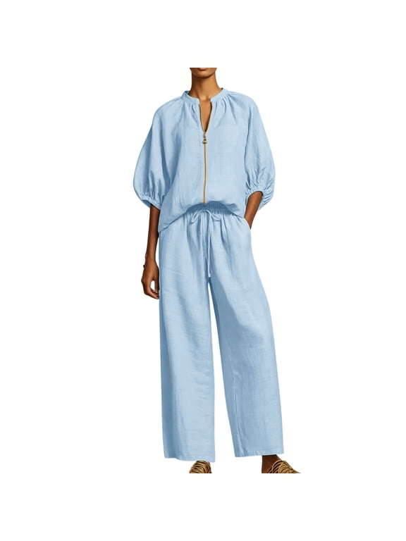 Women 2 Piece Sets Full Zipper Round Neck Elbow Puff Sleeve Tops Wide Leg Drawstring Palazzo Pants Sets Casual Daily Solid Matching Sets Sky Blue