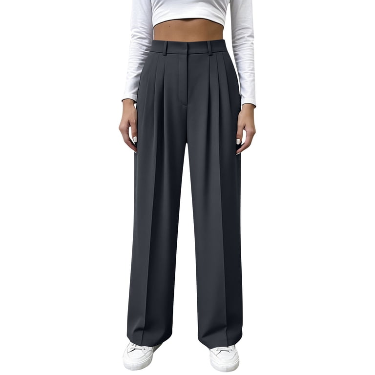 Teajopsuu Women Dress Pants Classic Office Trousers Solid Color High Waist Straight Leg Office Work Long Pants A-Dark Gray, Women's, Size: Small