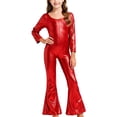 thumbnail image 1 of TEAJOPSUU Women Shiny Metallic Jumpsuit Kids Glittering Flared Jumpsuit Long Sleeve Dance Party Jumpsuit Zip Up Performace Outfits Red, 1 of 5