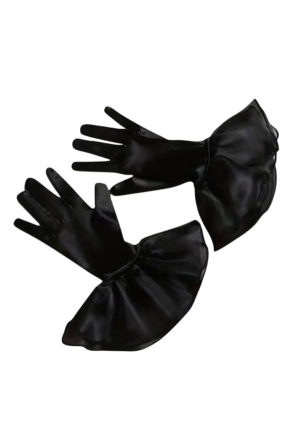 Women Short Puff Velvet Satin Gloves Mesh Opera Sheer Elbow Ruffled Banquet Wedding Dance Party Gloves G-Black