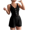 thumbnail image 1 of TEAJOPSUU Women Summer 2 Piece Outfits Sleeveless V Neck Button Down Spaghetti Strap Crop Vest Tops High Waisted Pleated Shorts Sets Casual Matching Sets Black, 1 of 5