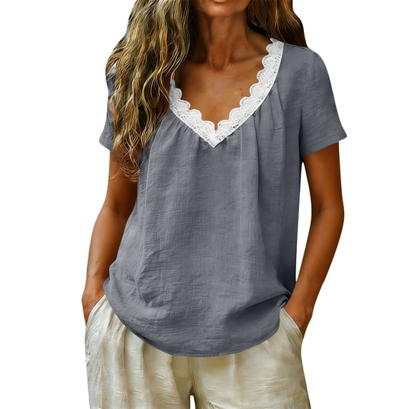 TEAJOPSUU Women's 100% Cotton Tops Short Sleeve Lace Tirm V Neck T Shirts Casual Loose Fit Summer Blouses Gray
