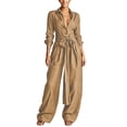 thumbnail image 1 of TEAJOPSUU Women's 2 Pcs Outfits Long Sleeve Button Front Collared Belted Shirts Loose Wide Leg Pants with Pockets Flowy Solid Mathcing Sets Women Clothing Khaki, 1 of 8