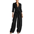 thumbnail image 1 of TEAJOPSUU Women's 2 Pcs Outfits Long Sleeve Button Front Collared Belted Shirts Loose Wide Leg Pants with Pockets Flowy Solid Mathcing Sets Women Clothing Black, 1 of 8