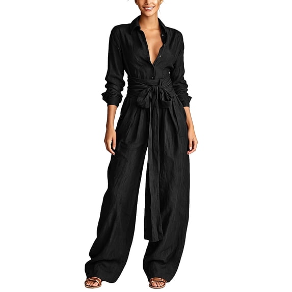 TEAJOPSUU Women's 2 Pcs Outfits Long Sleeve Button Front Collared Belted Shirts Loose Wide Leg Pants with Pockets Flowy Solid Mathcing Sets Women Clothing Black