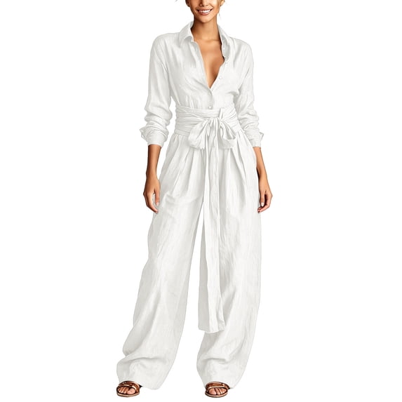 TEAJOPSUU Women's 2 Pcs Outfits Long Sleeve Button Front Collared Belted Shirts Loose Wide Leg Pants with Pockets Flowy Solid Mathcing Sets Women Clothing White