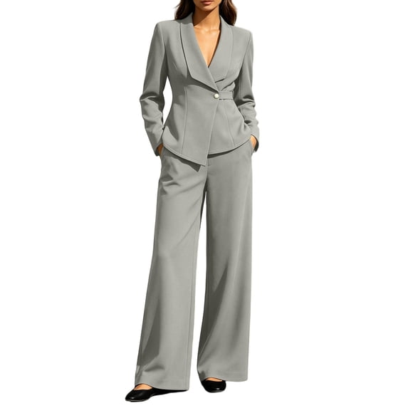 TEAJOPSUU Women's 2 Piece Business Outfits Long Sleeve V Neck One Breasted Blazer Dressy Wide Leg Pants Solid Work Suits Sets Gray