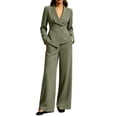 thumbnail image 1 of TEAJOPSUU Women's 2 Piece Business Outfits Long Sleeve V Neck One Breasted Blazer Dressy Wide Leg Pants Solid Work Suits Sets Olive Green, 1 of 8