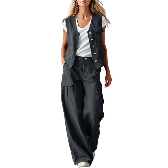 TEAJOPSUU Women's 2 Piece Linen Cotton Outfits Sets V Neck Button Vintage Vests Cargo Wide Leg Palazzo Pants with Pockets Matching Solid Sets Dark Gray