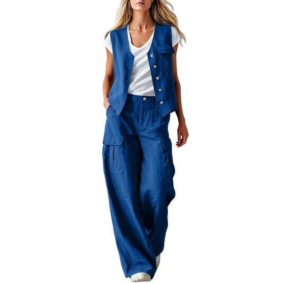 TEAJOPSUU Women's 2 Piece Linen Cotton Outfits Sets V Neck Button Vintage Vests Cargo Wide Leg Palazzo Pants with Pockets Matching Solid Sets Blue